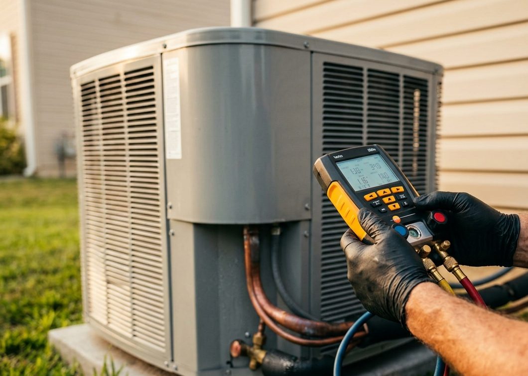 HVAC technician checking a residential air conditioner