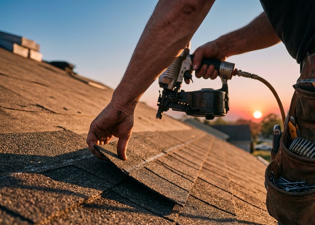 Roofer installing asphalt shingles at sunset